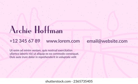 Visiting or business card with personal information, phone number, and website address. Info about organization or services, vineyard or farm on background, wine making. Vector in flat style