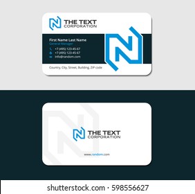 visiting card with blue letter n, up and down arrows along the diagonal