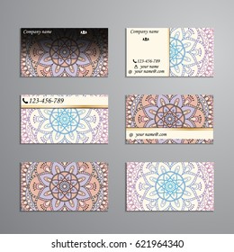 visiting card and business card big set. Floral mandala pattern and ornaments. Oriental design Layout, ottoman motifs. Front page and back page.