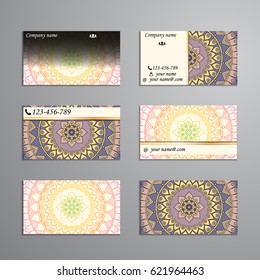 visiting card and business card big set. Floral mandala pattern and ornaments. Oriental design Layout, ottoman motifs. Front page and back page.