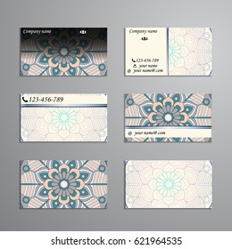 visiting card and business card big set. Floral mandala pattern and ornaments. Oriental design Layout, ottoman motifs. Front page and back page.