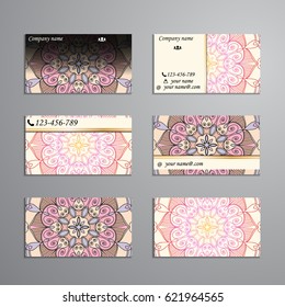 visiting card and business card big set. Floral mandala pattern and ornaments. Oriental design Layout, ottoman motifs. Front page and back page.