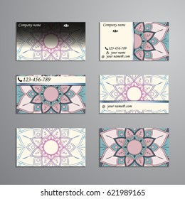 visiting card and business card big set. Floral mandala pattern and ornaments. Oriental design Layout, ottoman motifs. Front page and back page.