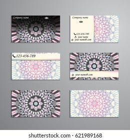 visiting card and business card big set. Floral mandala pattern and ornaments. Oriental design Layout, ottoman motifs. Front page and back page.