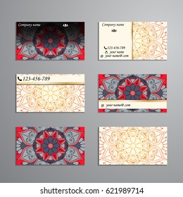 visiting card and business card big set. Floral mandala pattern and ornaments. Oriental design Layout, ottoman motifs. Front page and back page.