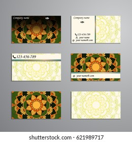 visiting card and business card big set. Floral mandala pattern and ornaments. Oriental design Layout, ottoman motifs. Front page and back page.