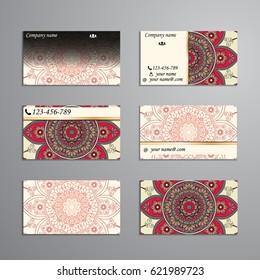 visiting card and business card big set. Floral mandala pattern and ornaments. Oriental design Layout, ottoman motifs. Front page and back page.