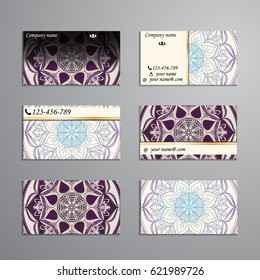 visiting card and business card big set. Floral mandala pattern and ornaments. Oriental design Layout, ottoman motifs. Front page and back page.