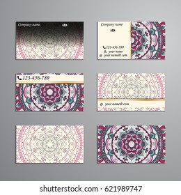 visiting card and business card big set. Floral mandala pattern and ornaments. Oriental design Layout, ottoman motifs. Front page and back page.