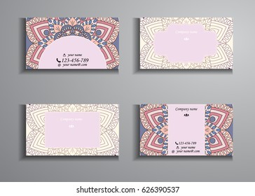 visiting card and business card big set. Floral mandala pattern and ornaments. Oriental design Layout, ottoman motifs. Front page and back page.
