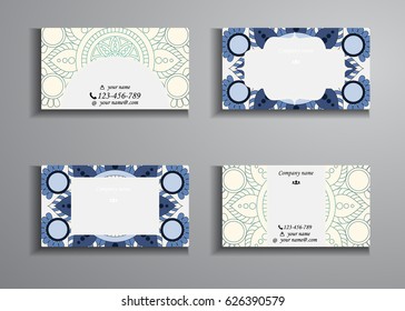 visiting card and business card big set. Floral mandala pattern and ornaments. Oriental design Layout, ottoman motifs. Front page and back page.