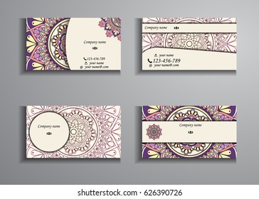 visiting card and business card big set. Floral mandala pattern and ornaments. Oriental design Layout, ottoman motifs. Front page and back page.