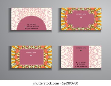 visiting card and business card big set. Floral mandala pattern and ornaments. Oriental design Layout, ottoman motifs. Front page and back page.