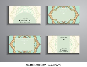 visiting card and business card big set. Floral mandala pattern and ornaments. Oriental design Layout, ottoman motifs. Front page and back page.