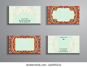 visiting card and business card big set. Floral mandala pattern and ornaments. Oriental design Layout, ottoman motifs. Front page and back page.