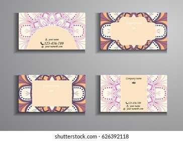 visiting card and business card big set. Floral mandala pattern and ornaments. Oriental design Layout, ottoman motifs. Front page and back page.