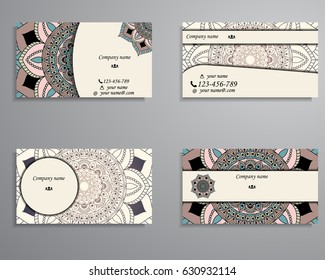 visiting card and business card big set. Floral mandala pattern and ornaments. Oriental design Layout, ottoman motifs. Front page and back page.