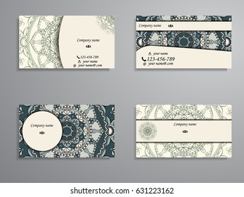 visiting card and business card big set. Floral mandala pattern and ornaments. Oriental design Layout, ottoman motifs. Front page and back page.