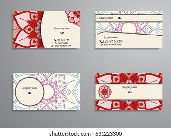 visiting card and business card big set. Floral mandala pattern and ornaments. Oriental design Layout, ottoman motifs. Front page and back page.