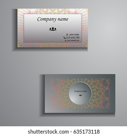 visiting card and business card big set. Floral mandala pattern and ornaments. Oriental design Layout, ottoman motifs. Front page and back page.