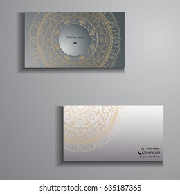 visiting card and business card big set. Floral mandala pattern and ornaments. Oriental design Layout, ottoman motifs. Front page and back page.