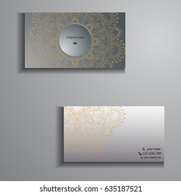 visiting card and business card big set. Floral mandala pattern and ornaments. Oriental design Layout, ottoman motifs. Front page and back page.