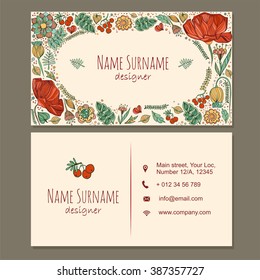 Visiting Card. Business Card With Cute Hand Drawn Floral Pattern. Restaurant, Cafe Or Boutique Branding Elements. Flyer Design With Flowers And Berries