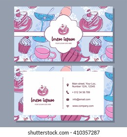 visiting card or business card with cute hand drawn floral pattern. Cafe branding logo elements. Flyer design with sweets 