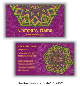 Visiting card and business card with geometric mandala pattern and ornaments. Front page and back page.
