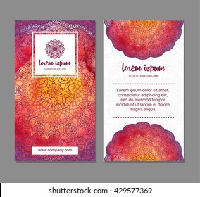 Visiting Card, Business Card Set With Abstract Watercolor Mandala Pattern. Vector Corporate Identity Template With Simple Logo