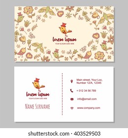 visiting card or business card set with cute hand drawn logo bird. Restaurant, cafe or boutique branding elements. Flyer template design with floral pattern.
