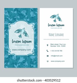 visiting card or business card set with cute hand drawn logo bird. Restaurant, cafe or boutique branding elements. Flyer template design with floral pattern.