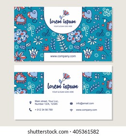 Visiting Card Or Business Card Set With Cute Hand Drawn Logo Flower.  Flyer Template Design With Floral Pattern.