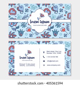visiting card or business card set with cute hand drawn floral pattern and flower logo. Best for corporate identity. Flyer template design.