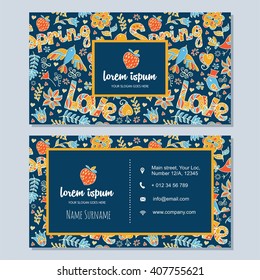 visiting card or business card set with cute hand drawn floral pattern and berry logo. Best for corporate identity. Flyer template design.