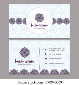 Visiting card and business card set with mandala design element logo. Abstract oriental design Layout. Front page and back page.