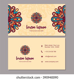Visiting card and business card set with mandala design element logo. Abstract oriental design Layout. Front page and back page.