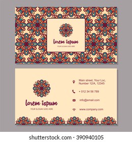 Visiting card and business card set with mandala design element logo. Abstract oriental design Layout. Front page and back page.