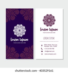 Visiting card and business card set with mandala design element logo. Abstract oriental design Layout. Front page and back page.