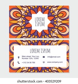 Visiting card and business card set with mandala design element logo. Abstract oriental design Layout. Front page and back page.