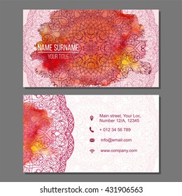 Visiting card and business card set with mandala pattern and simple logo. Abstract oriental design Layout with watercolor splash background. Front page and back page.