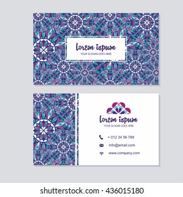 Visiting card and business card set with mandala pattern and simple logo. Abstract oriental design layout. Front page and back page.