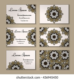 visiting card and business card set with mandala. Abstract oriental design layout. Front page and back page. Islam, Arabic, Indian, ottoman motifs.