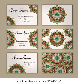visiting card and business card set with mandala. Abstract oriental design layout. Front page and back page. Islam, Arabic, Indian, ottoman motifs.