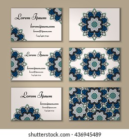visiting card and business card set with mandala. Abstract oriental design layout. Front page and back page. Islam, Arabic, Indian, ottoman motifs.