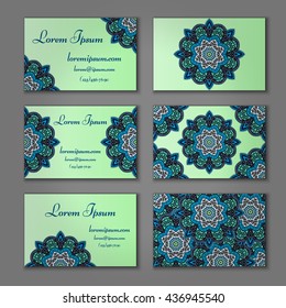 visiting card and business card set with mandala. Abstract oriental design layout. Front page and back page. Islam, Arabic, Indian, ottoman motifs.