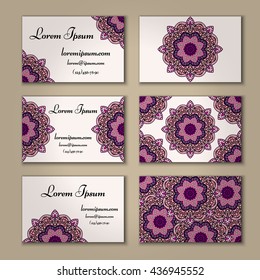 visiting card and business card set with mandala. Abstract oriental design layout. Front page and back page. Islam, Arabic, Indian, ottoman motifs.