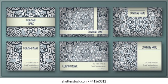 Visiting card and business card set with mandala design element logo. Abstract oriental design Layout. Front page and back page. Islam, Arabic, Indian, turkish, pakistan, chinese, ottoman motif.
