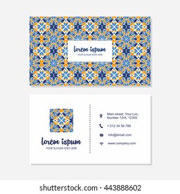 Visiting card and business card set with mandala pattern and simple logo. Abstract oriental design Layout. Front page and back page.