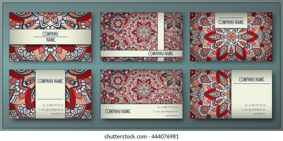 Visiting card and business card set with mandala design element logo. Abstract oriental design Layout. Front page and back page. Islam, Arabic, Indian, turkish, pakistan, chinese, ottoman motif.
